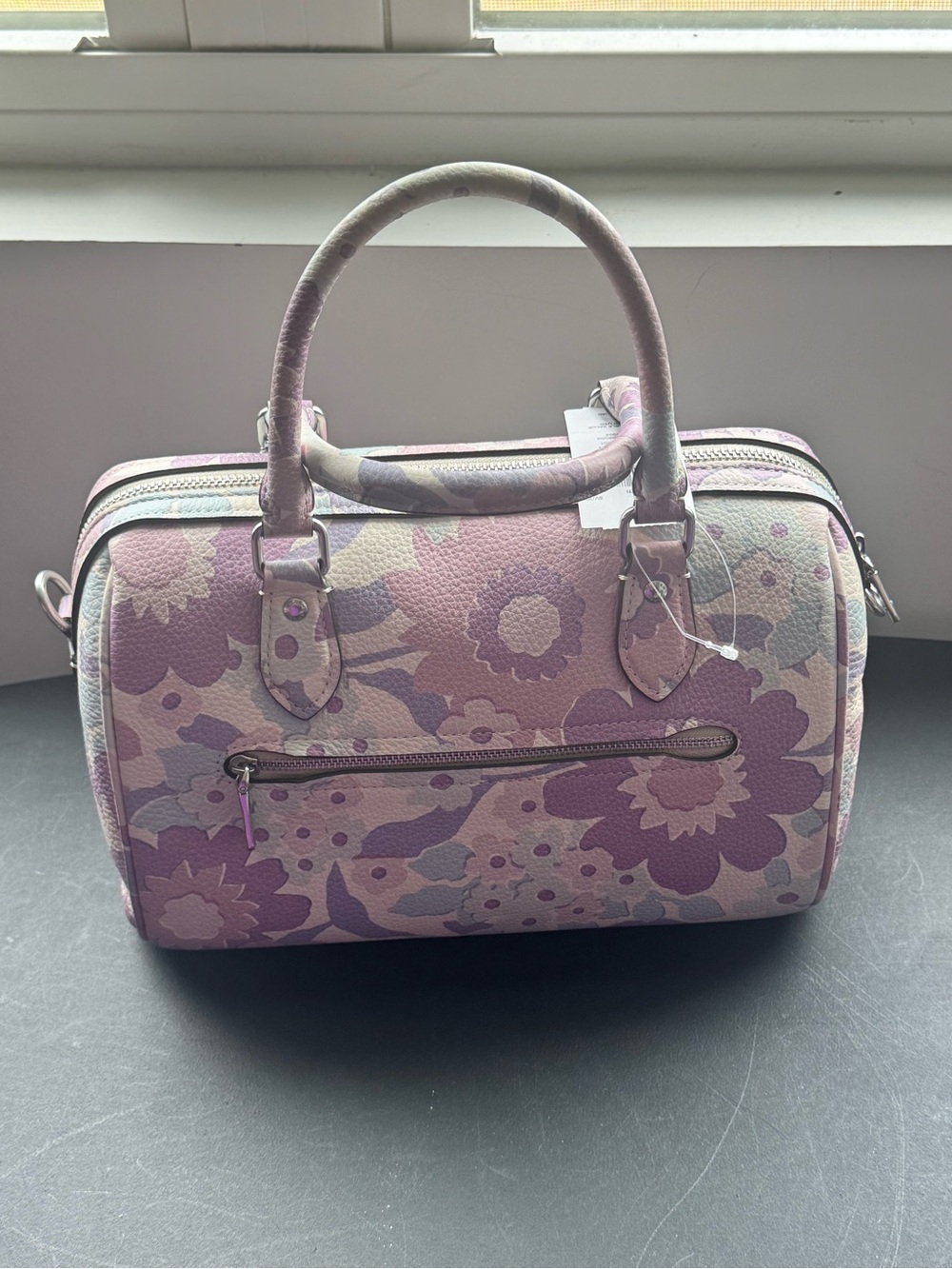 COACH Signature Canvas Satchel Wallet Set w/ Floral Print In Silver/Ivory/Purple - Picture 4 of 9